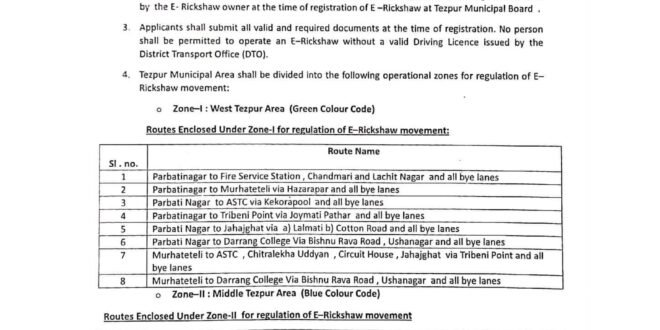 Tezpur Municipal Board Issues New Regulations for E-Rickshaw Operations